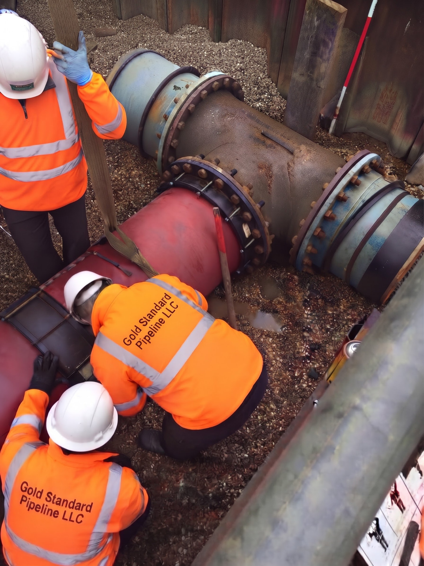 Gold Standard Pipeline crew connecting large flanged pipes in a trench
