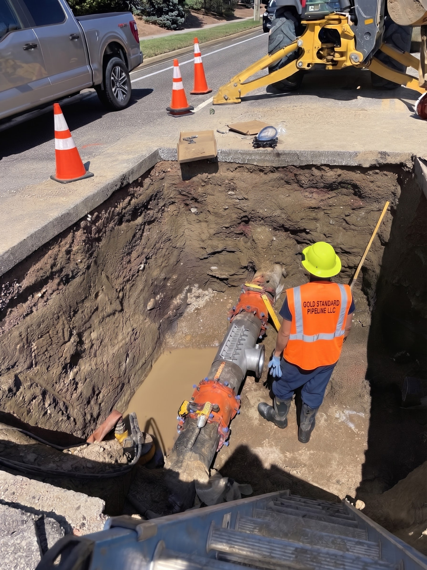 Gold Standard Pipeline worker beside a newly installed pipe in a roadside excavation