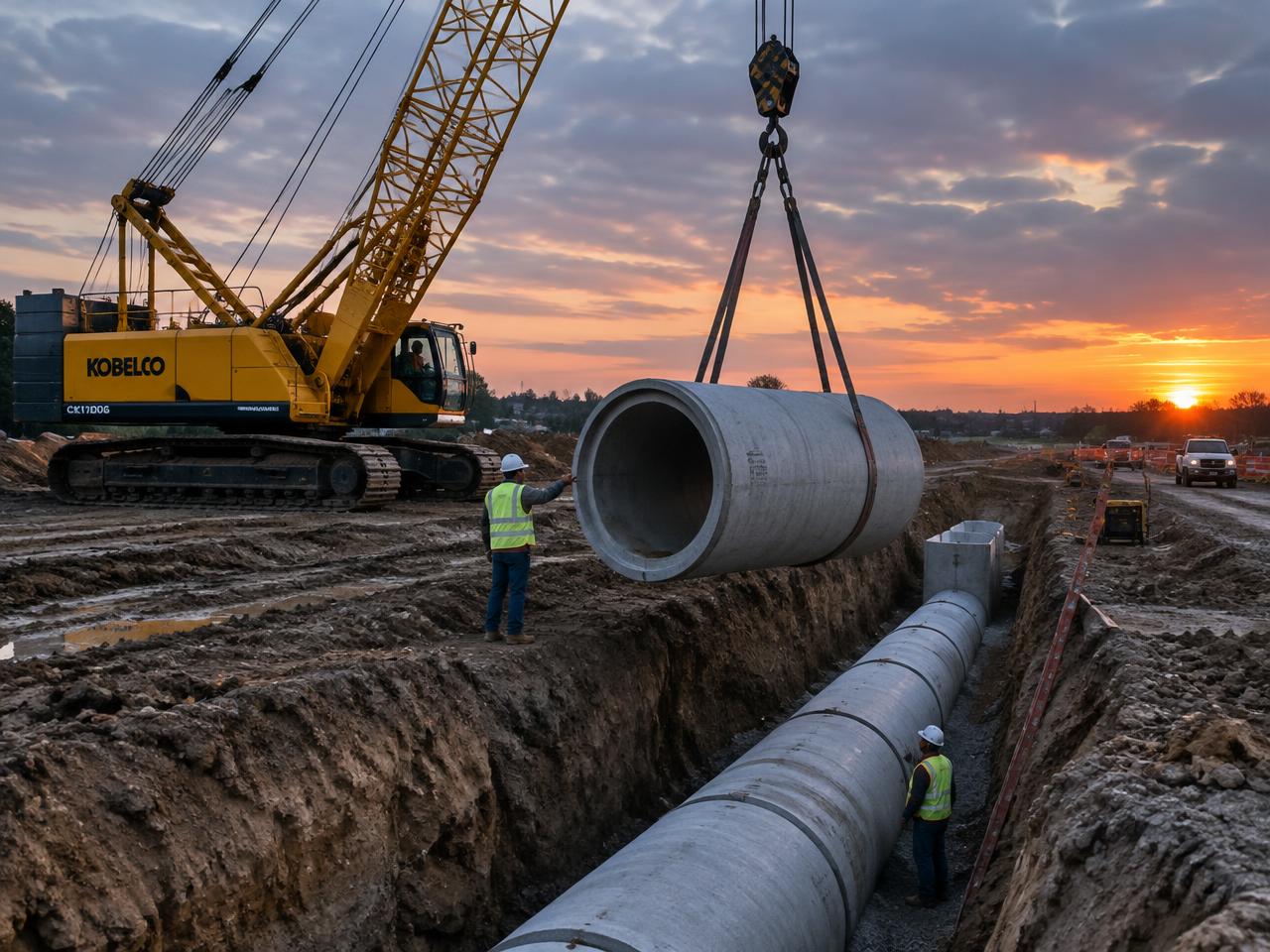 Gold Standard crew installing a large storm drain pipe at sunset